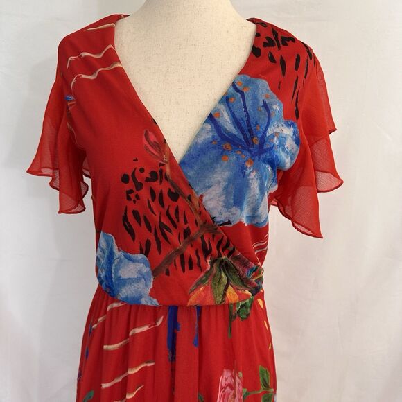 Desigual Miranda Flutter Sleeve Dress SMALL Surplice Neckline Stretch - Picture 3 of 8